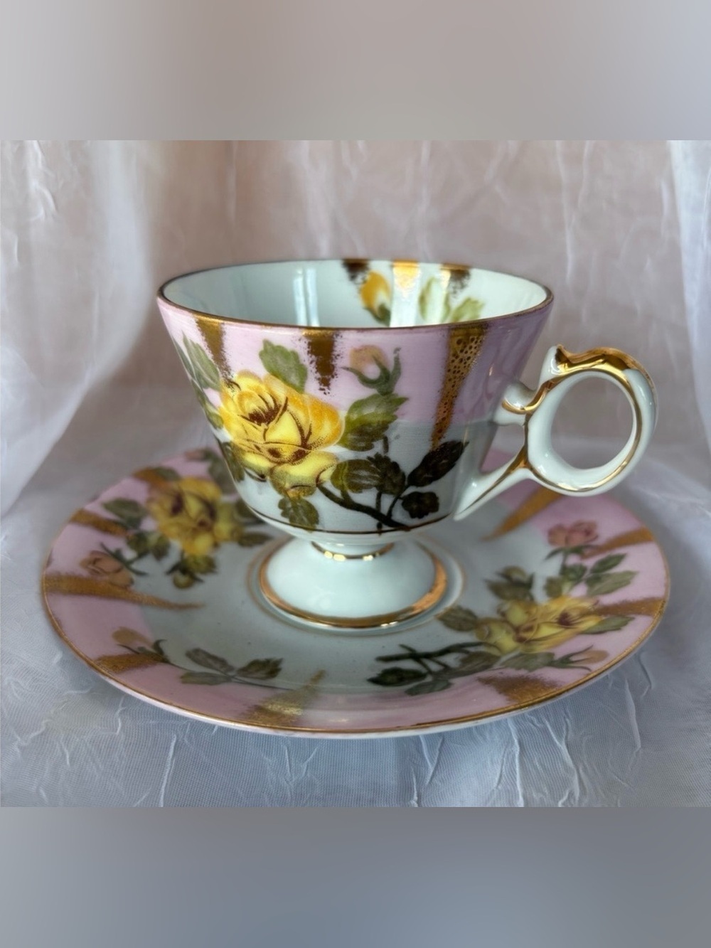 Vintage Royal Sealy China Footed Teacup and Matching Saucer-Yellow Rose Pattern